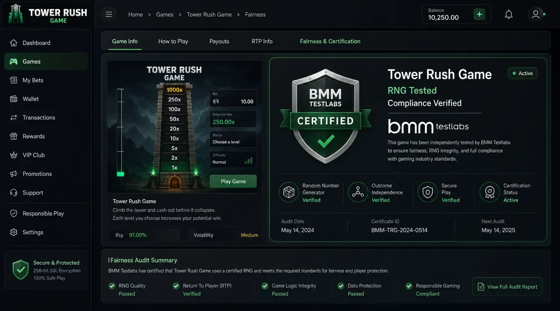 Tower Rush game real or fake: fairness analysis by BMM Testlabs